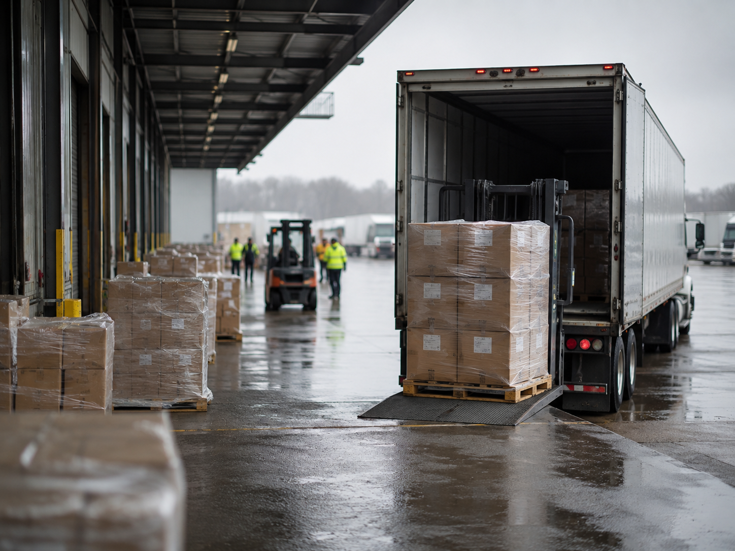 Interior of a Luvant Group wholesale distribution warehouse, aisles of palletized inventory